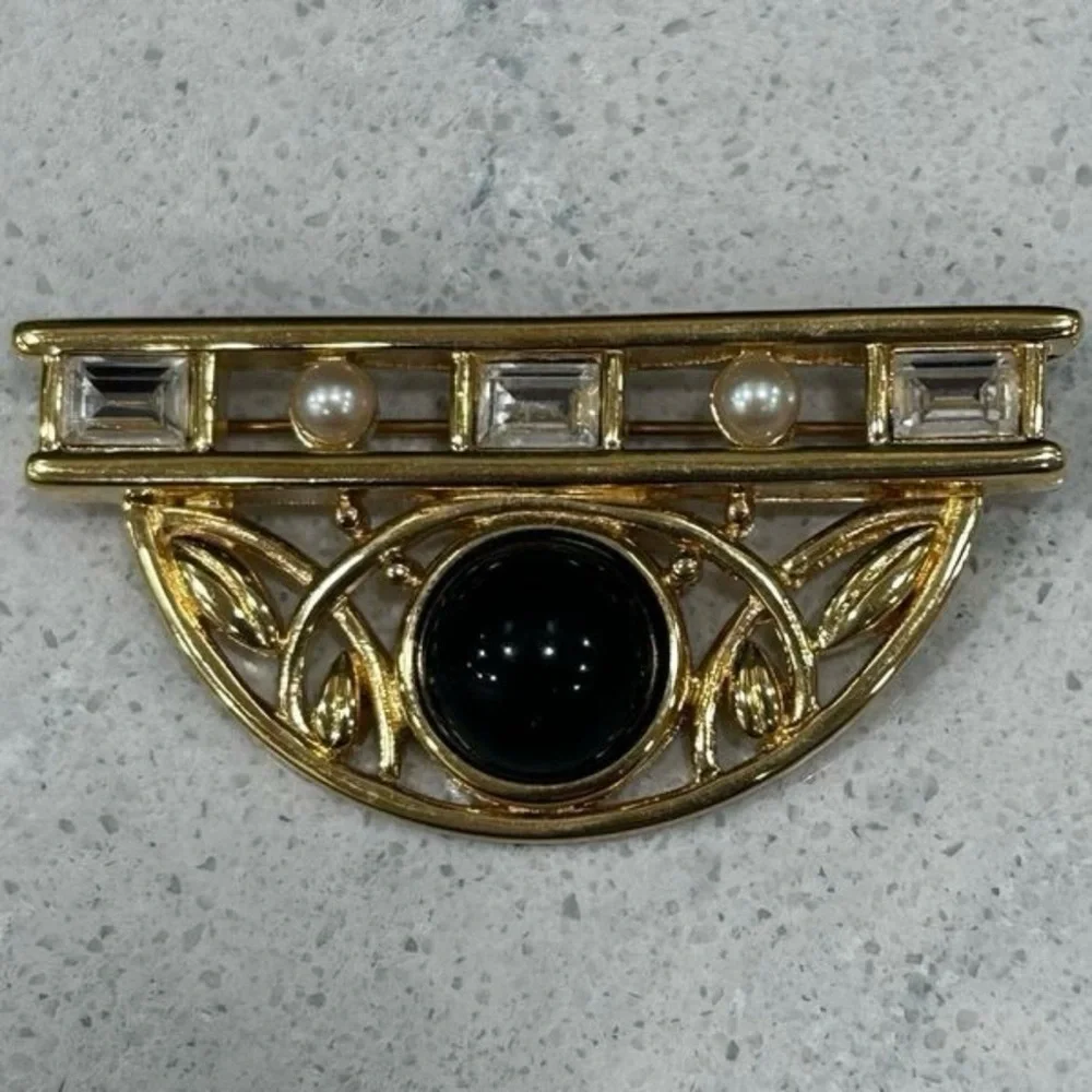 Vintage Monet Art Deco-Style Brooch Women's OS Gold-tone Black Lucite Faux Pearl